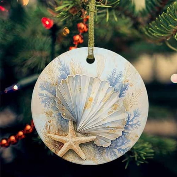 Coastal Shell Ceramic Ornaments, Starfish Summer Beach Nautical Ocean Round Porcelain Hanging Ornaments with Gold String, Xmas Decorations Keepsake Gifts for Holiday Home Party 3''