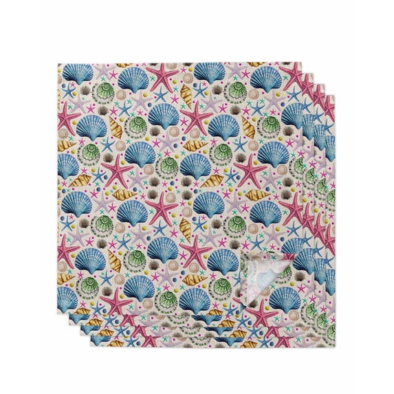Coastal Shell Cloth Napkins Set of 4 Reusable Dinner Napkins, Ocean Starfish Conch Vintage Watercolor Cocktail Napkin Washable Table Napkins for Wedding/Holiday Party/Baby Shower 20"x20"
