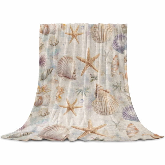 Coastal Shell Conch Flannel Blanket for Bed, Summer Beach Starfish Burlap Soft Cozy Warm Couch Throw Blanket, Lightweight Fluffy Plush Bedding Blankets for Sofa Decor All Season 40"x50"