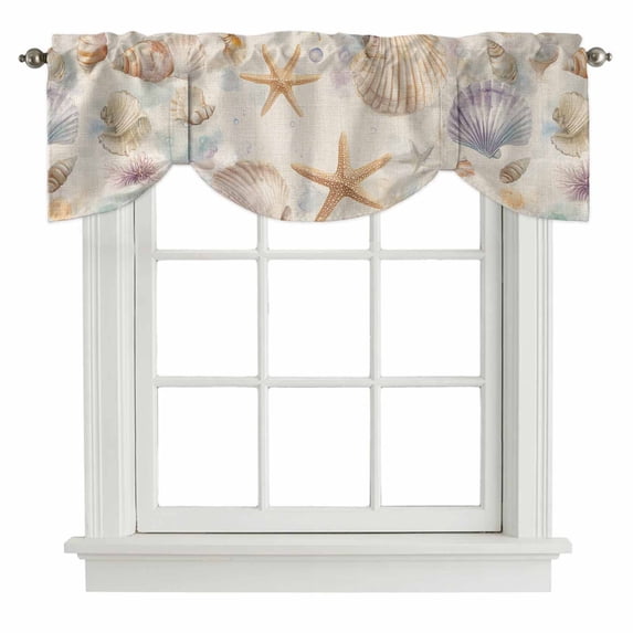Coastal Shell Conch Tie Up Valance Curtains for Windows, Kitchen Curtains Window Treatments, Summer Beach Starfish Burlap Short Window Shades Valances for Bedroom Bathroom Cafe 42"x18"