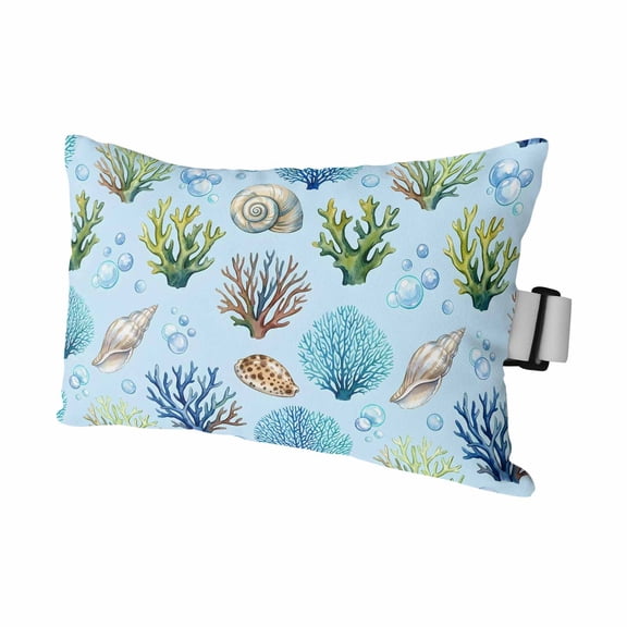 Coastal Shell Coral Bubble Outdoor Pillow for Chaise Lounge Chair,Nautical Ocean Blue Underwater Scene Waterproof Headrest Lumbar Pillows with Insert&Elastic Strap for Patio Pool Garden Chairs,1 Pack