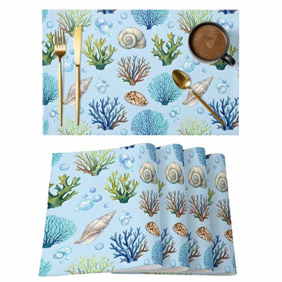 Coastal Shell Coral Bubble Placemats Set of 6,Wipeable Washable Table Mats for Dining Tables, Nautical Ocean Blue Underwater Scene Place Mats for Kitchen Event Party Tabletop Decor