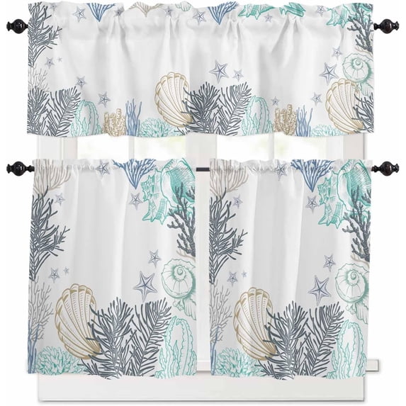 Coastal Shell Coral Starfish Kitchen Curtains and Valances Set, Rod Pocket Curtains Tier Farmhouse Window Curtains 36 Inch Length, Abstract Summer Ocean 3 Piece Kitchen Curtains Set