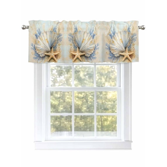 Coastal Shell Curtain Valances for Windows, Starfish Summer Beach Nautical Ocean Kitchen Valance Window Treatment, Light Filtering Block Curtains for Bathroom/Bedroom/Living Room 42'' x 18''