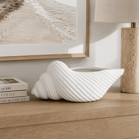 Decorative Ceramic Shell Inspired Sculpture for Home Decor - Modern Ornaments for Bathroom, Office, and Living Room Accent - Coastal Figurine for Shelf or Coffee Table Display - 4", White
