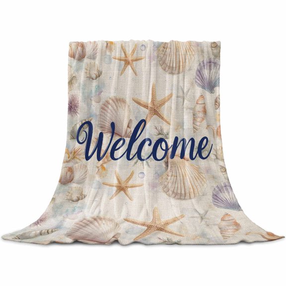 Coastal Shell Flannel Blanket for Bed, Summer Beach Ocean Sea Starfish Burlap Soft Cozy Warm Couch Throw Blanket, Lightweight Fluffy Plush Bedding Blankets for Sofa Decor All Season 50"x60"