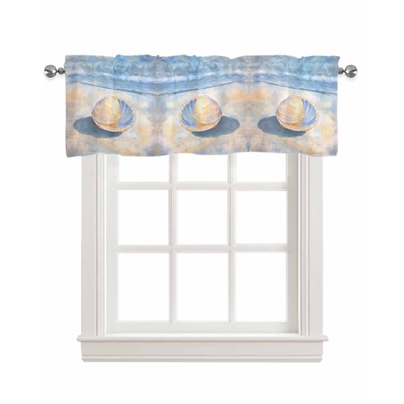 Coastal Shell Kitchen Valances for Windows Farmhouse Linen Window Valance Curtain for Living Room Window Treatment Blue Summer Beach Nautical Ocean Valance Rod Pocket Topper Drape, 42 x 12 Inch