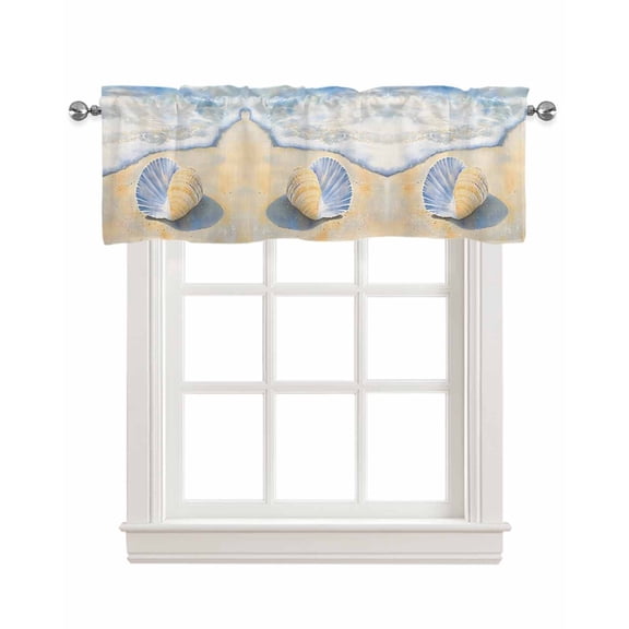 Coastal Shell Kitchen Valances for Windows Farmhouse Linen Window Valance Curtain for Living Room Window Treatment Blue Yellow Summer Beach Nautical Ocean Valance Rod Pocket Topper, 60 x 18 Inch