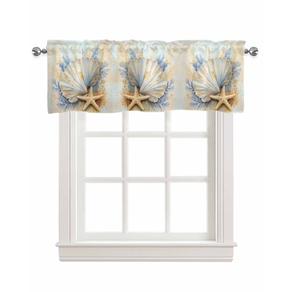 Coastal Shell Kitchen Valances for Windows Farmhouse Linen Window Valance Curtain for Living Room Window Treatment Starfish Summer Beach Nautical Ocean Valance Rod Pocket Topper Drape, 60 x 18 Inch