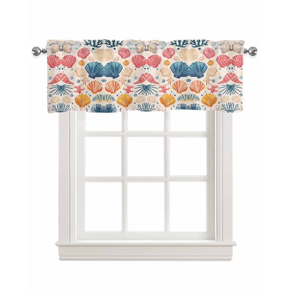 Coastal Shell Kitchen Valances for Windows Farmhouse Linen Window Valance Curtain for Living Room Window Treatment Summer Nautical Shell Beach Starfish Sea Valance Rod Pocket Topper, 54 x 18 Inch