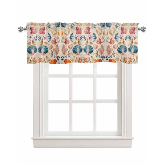 Coastal Shell Kitchen Valances for Windows Farmhouse Linen Window Valance Curtain for Living Room Window Treatment Summer Nautical Shell Beach Starfish Valance Rod Pocket Topper Drape, 60 x 18 Inch