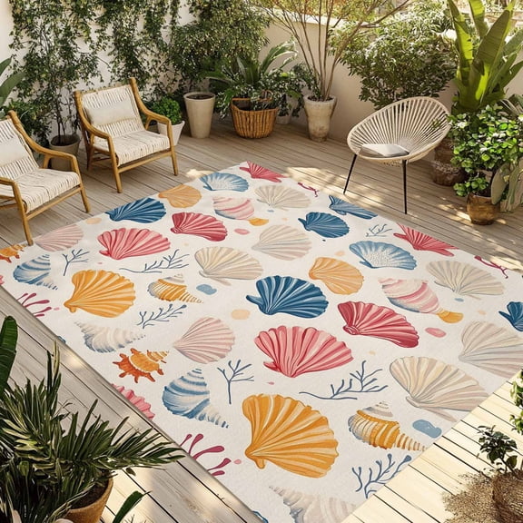 Coastal Shell Outdoor Rug 3x5 Ft - Reversible Patio Rug Outdoor Camping Rugs, Summer Sea Nautical Shell Beach Starfish Washable Indoor Outdoor Area Rugs, Non-Slip Outdoor Carpet Runner for Deck/Porch