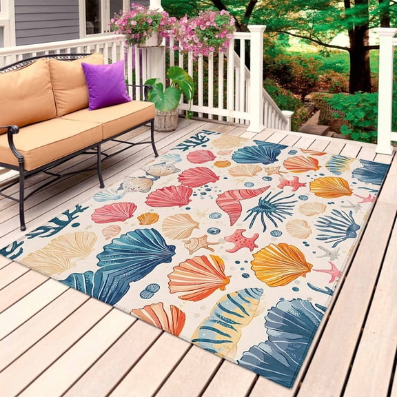 Coastal Shell Outdoor Rug 5x8 Ft, Non Slip Washable Area Rug, Summer Nautical Shell Beach Starfish Sea Patio Rugs Carpet Runner, Large Floor Mat for Indoor/Outdoor Deck Porch Camping