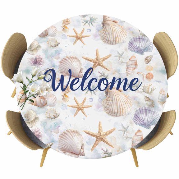 Coastal Shell Round Tablecloth 55-60 Inch Round Fitted Table Cloth with Elastic Edge, Summer Beach Ocean Sea Starfish Watercolor Waterproof Table Cover Protector for Outdoor Picnic Party Dining