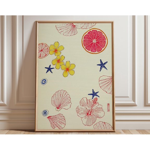 Coastal Shell Seashell Citrus Illustration Wall Art Print, Unframed Paper Poster 8x10in