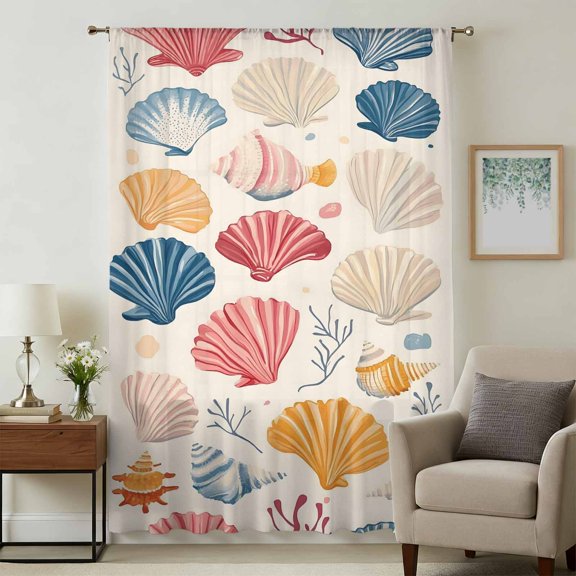 Coastal Shell Sheer Curtains 54 Inches Long, Summer Sea Nautical Shell Beach Starfish Light Filering Curtains, Breathable Simi Curtain Privacy Drapes for Kitchen Bathroom Small Window Treatment