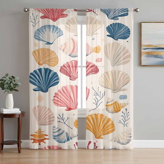 Coastal Shell Sheer Curtains 63 Inch Length 2 Panels Set, Summer Sea Nautical Shell Beach Starfish Voile Window Treatment Rod Pocket Curtains Sheers Drapes for Bedroom/Living Room/Kitchen 52x"63"x2