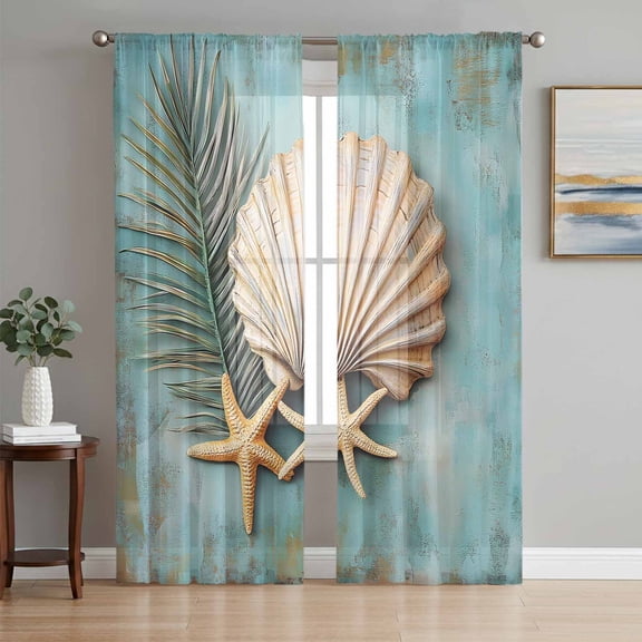 Coastal Shell Sheer Curtains 63 Inch Length 2 Panels Set, Vintage Botanical Beach Nautical Voile Window Treatment Rod Pocket Curtains Sheers Drapes for Bedroom/Living Room/Kitchen 52x"63"x2