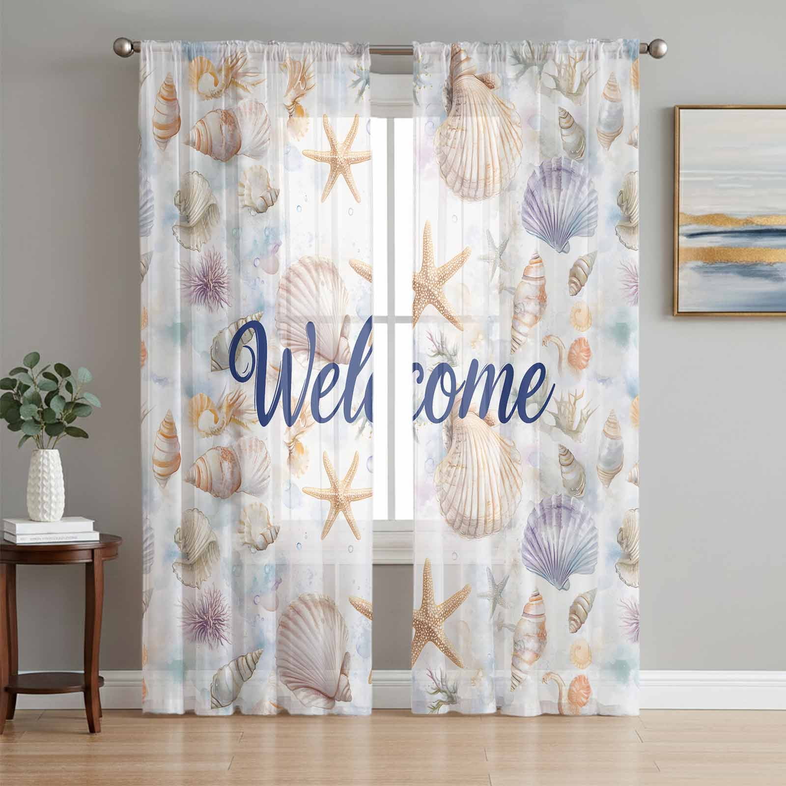 Coastal Shell Sheer Curtains 72 Inch Length 2 Panels Set, Summer Beach ...
