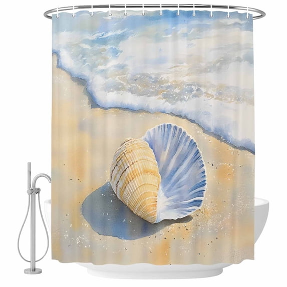 Coastal Shell Shower Curtain Set - Extra Long 72" x 96" Washable Bathtub Curtain with 12 Hooks, Blue Yellow Summer Beach Nautical Ocean Waterproof Fabric Stall Shower Curtains for Bathroom Décor