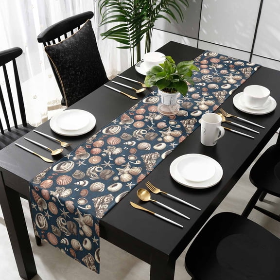 Coastal Shell Starfish Cotton Linen Table Extra Long Runner 13 x 120 inch Vintage Ocean Summer Seaside Non-slip Rectangular Dining Table Decor for Wedding Party Holiday Dinner