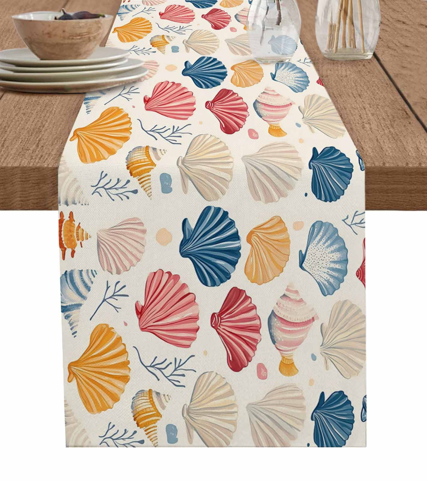 Coastal Shell Table Runner 72 Inches, Summer Sea Nautical Shell Beach ...