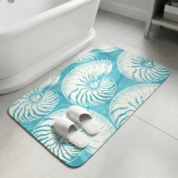 Coastal Shell Teal Blue Bathroom Rugs Non Slip Washable Bath Mat Absorbent Low Pile Front Door Mat Summer Ocean Shell Beach Indoor Doormat for Kitchen Entryway Shower Decor Accessories 15.7"x23.6"
