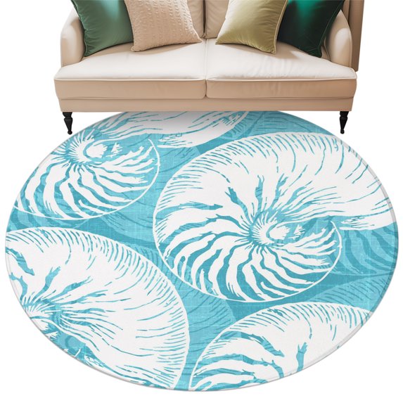 Coastal Shell Teal Blue Round Area Rug 5ft Washable Large Round Rug for ...