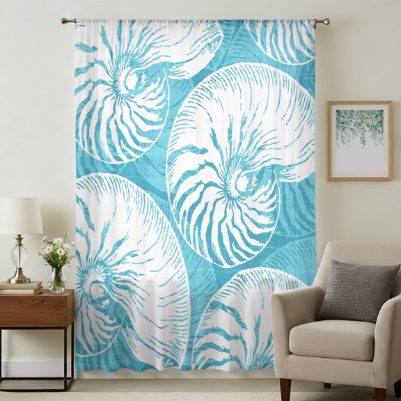 Coastal Shell Teal Blue Sheer Curtains 108" Extra Long for Living Room, Summer Ocean Shell Beach Light Filtering Privacy Drapes, Breathable Semi Sheer Window Treatment for Floor to Ceiling Window