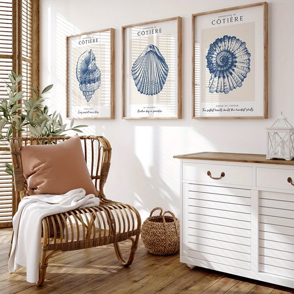 Coastal Shell Wall Decor Set of Three, Nautical Theme Ocean Creature Beach Villa Print, Beach Bedroom or Living Room Decoration, Simple Ocean Poster
