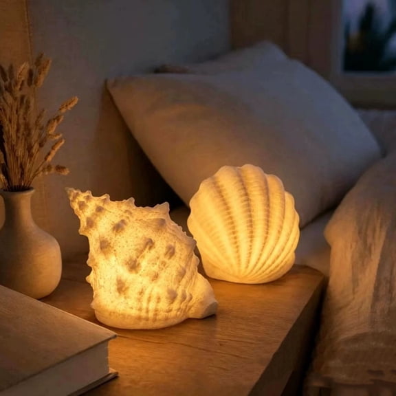 Coastal Shell and Conch Table Lamp Set of 2 with Warm Glow Resin Design, Beach Themed Night Light Lamp for Living Room and Bedroom