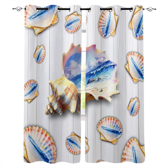 Coastal Shells Blackout Curtains for Bedroom/Living Room, Thermal Insulated Kitchen Curtains, Summer Ocean Waves Conch Grey Wooden Grain Grommet Darkening Window Treatment Drapes 27.5"x39"x2