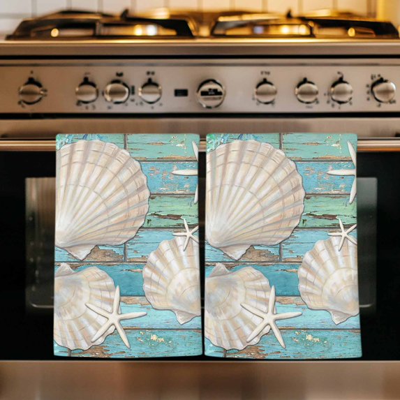 Coastal Shells Kitchen Towels Set of 1, Summer Beach Ocean Coral Teal Blue Wooden Absorbent Dish Towels for Kitchen, Microfiber Hand Towel, Quick Drying Tea Towel for Cleaning Decorative Dishcloths