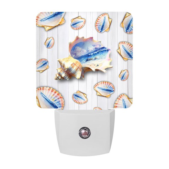 Coastal Shells Night Lights Plug Into Wall, LED Dusk to Dawn Sensor Night Light, Summer Ocean Waves Conch Grey Wooden Grain Nightlight for Bedroom Bathroom Living Room Hallway Home Wall Decor