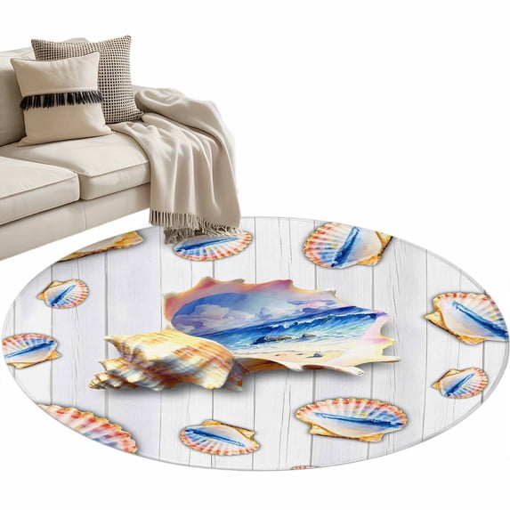 Coastal Shells Round Rug 3ft Washable Circle Entryway Rugs Non Slip ...