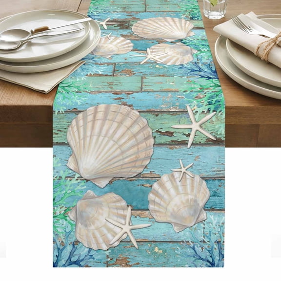 Coastal Shells Table Runner Summer Beach Ocean Coral Teal Blue Wooden Tablerunners 13 x 48 Inch, Table Decorations Tabletop Scarf for Summer Gathering Holiday Farmhouse Kitchen Dining Decor