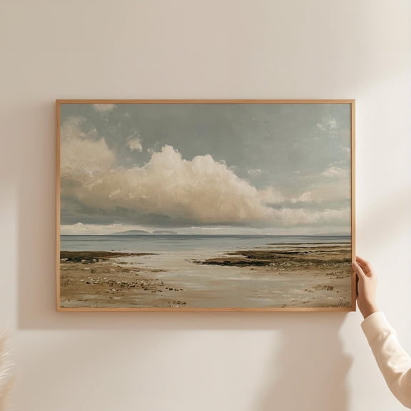 Coastal Shoreline Sandy Beach Art Muted Blue Seascape Neutral Nature Decor, Unframed Poster