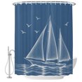 Coastal Shower Curtain for Bathroom, Nautical Blue White Line Art Ocean ...