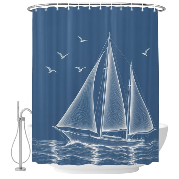 Coastal Shower Curtain for Bathroom, Nautical Blue White Line Art Ocean ...
