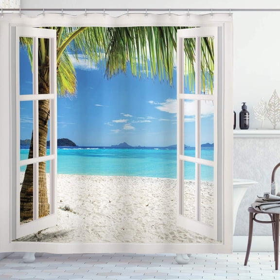 Coastal Shower Curtain Bathroom Set Tropical Palm Trees on Island Ocean Beach Through White Wooden Windows Cloth Fabric Decor for Master Guest & Restroom 69" W x 84" L, Blue Green White