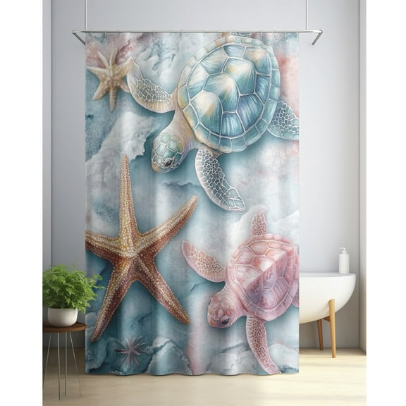 Coastal Shower Curtain, Ocean Art Starfish and Sea Turtle, Pastel Marble Print, Fabric Bathroom Decor Set with Hooks