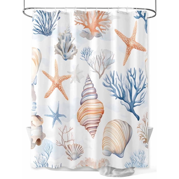 Coastal Shower Curtain Set, Waterproof Shower Curtains for Bathroom, Ocean Starfish Coral Shell Conch Aesthetics Blue Washable Fabric Cloth Bath Curtain for Bathtub Decoration with Hooks 48x72 Inches