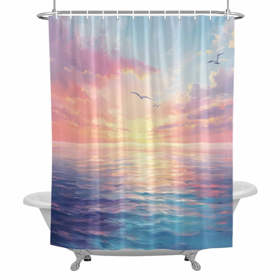 Coastal Shower Curtain Set with Hooks, Ocean Sunset Seagull Waterproof Fabric Bathroom Curtains Decor Home Accessories,66 X 72 Inch Long