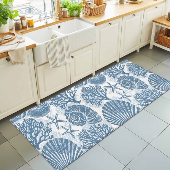Coastal Slate Blue Sea Shells Starfish Rectangle Area Rug 2x6ft,Living ...