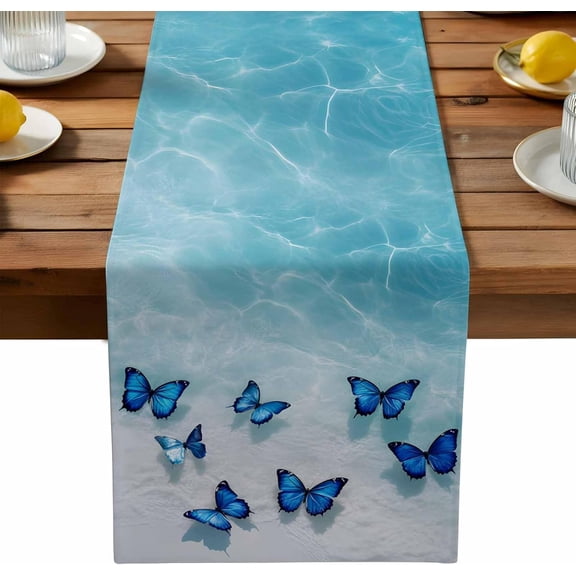 Coastal Small Table Runner 36 inches Long, Ocean Butterfly Beach Farmhouse Holiday Kitchen Dining Table Decoration for Indoor Outdoor Home Dinner Party Coffee Decor, Aqua Dark Blue