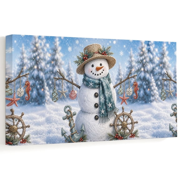 Coastal Snowman Canvas Wall Art, Winter Straw Hat Blue Scarf Anchor Rustic Christmas Wooden‑Stretched Canvas Print Artwork, Home Wall Decor for Living Room Bedroom Office 40"Lx20"W