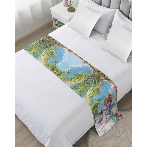 Coastal Snowman Christmas Bed Runner for King Size Bed, Xmas Tree Flamingo Beach Bedspread Protector Slipcover Bed Scarf for Foot Bed Runners & Scarves for Bedroom Hotel Wedding Room 102x20 Inches