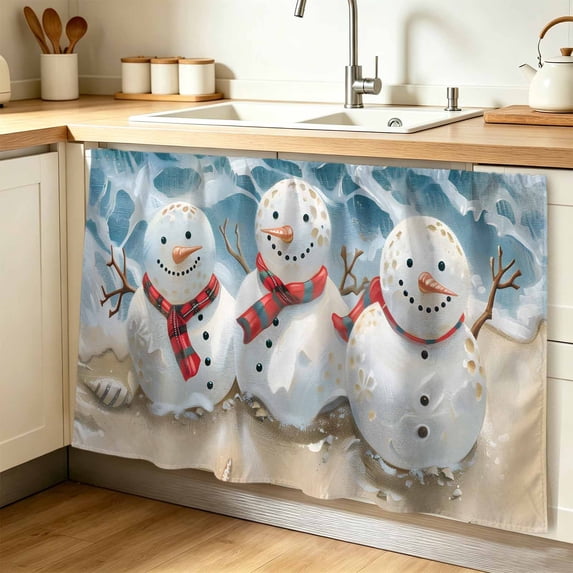 Coastal Snowman Christmas Cabinet Curtain 32"Wx55"L, Dustproof Pantry Door Curtain with Self Adhesive Tape, Xmas Tree Starfish Beach Tall Storage Cover Privacy Drape for Bathroom Kitchen Laundry Room