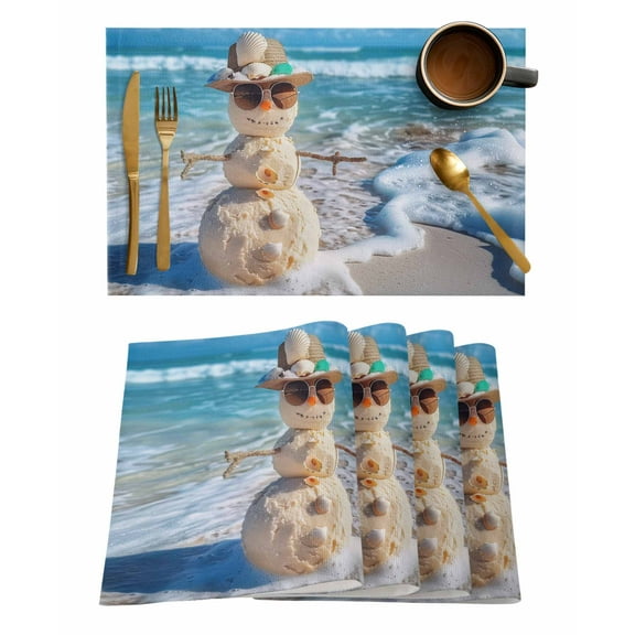 Coastal Snowman Christmas Placemats Set of 4, Xmas Beach Sea Nautical Placemats for Dining Table, Place Mats for Kitchen Tabletop, Waterproof Wipeable Dining Table Mats Set