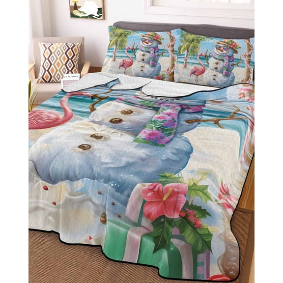Coastal Snowman Christmas Queen Size Down Alternative Comforter, Lightweight Comforter Quilt Bedding Set with Pillow Shams Xmas Tree Flamingo Beach All Seasons Bed Comforter Duvet Insert 90"x96"